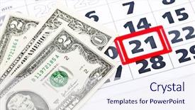  Presentation with bills - Cool new slides with dollar bills on calendar isolated backdrop and a sky blue colored foreground
