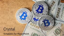  Presentation with bitcoins - Presentation design featuring dollar bills on color background background and a  colored foreground