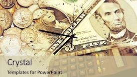  Presentation with clock face - PPT theme enhanced with dollar economy - clock face calculator and currency background and a soft green colored foreground