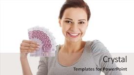  Presentation with money - Cool new slides with dollar euro - beautiful casual woman holding money backdrop and a  colored foreground