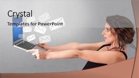  Presentation with business communication - PPT theme with dollar euro pound yen - man holding laptop with business background and a  colored foreground