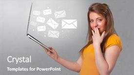  Presentation with business communication - Cool new presentation with dollar euro pound yen - man holding laptop with business backdrop and a  colored foreground