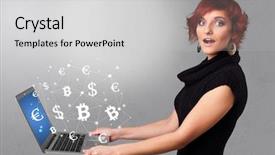  Presentation with business communication - Beautiful slide deck featuring dollar euro pound yen - man holding laptop with business backdrop and a  colored foreground