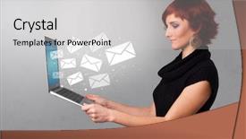  Presentation with business communication - Beautiful presentation theme featuring dollar euro pound yen - man holding laptop with business backdrop and a  colored foreground