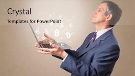  Presentation with business communication for students - PPT theme featuring dollar euro pound yen - man holding laptop with business background and a  colored foreground