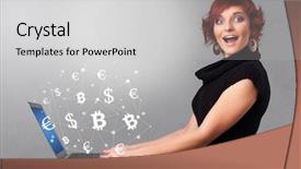  Presentation with nonverbal business communication - Slide set consisting of dollar euro pound yen - man holding laptop with business background and a  colored foreground