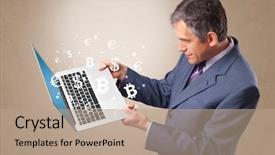  Presentation with nonverbal business communication - Presentation theme featuring dollar euro pound yen - man holding laptop with business background and a  colored foreground