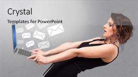  Presentation with business communication for students - Theme having dollar euro pound yen - man holding laptop with business background and a  colored foreground