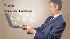  Presentation with business communication for students - Beautiful slide set featuring dollar euro pound yen - man holding laptop with business backdrop and a  colored foreground