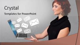  Presentation with business communication - Colorful slide deck enhanced with dollar euro pound yen - man holding laptop with business backdrop and a  colored foreground