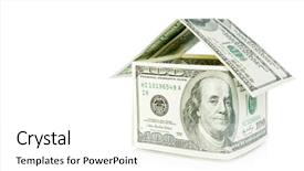  Presentation with building - Colorful theme enhanced with dollar house - money building isolated on white backdrop and a white colored foreground