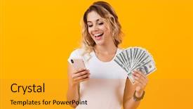  Presentation with basic - Presentation design enhanced with photo of happy woman in basic clothing holding fan of dollar money isolated over yellow background background and a gold colored foreground