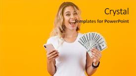  Presentation with basic - Colorful presentation enhanced with photo of pretty woman in basic clothing holding fan of dollar money isolated over yellow background backdrop and a gold colored foreground