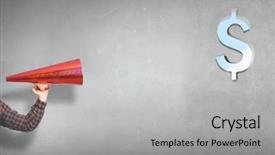  Presentation with announcement - Presentation design enhanced with dollar signs - guy make announcement in trumpet background and a  colored foreground