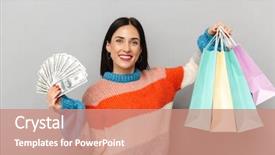  Presentation with money bag sysmbol - Slides having dollar stores - photo of joyous woman 30s background and a coral colored foreground