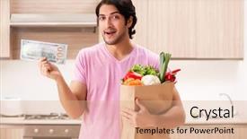  Presentation with hydroponics vegetables hydroponic vegetable - PPT theme enhanced with dollar stores - young handsome man with vegetables background and a coral colored foreground