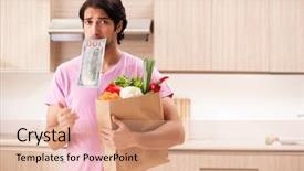  Presentation with man watching woman preparing vegetables - PPT theme having dollar stores - young handsome man with vegetables background and a  colored foreground