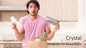  Presentation with man watching woman preparing vegetables - Theme having dollar stores - young handsome man with vegetables background and a  colored foreground