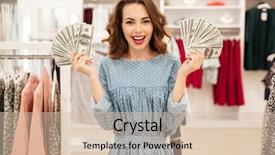  Presentation with money - PPT theme with dollar stores - young happy woman with fans background and a  colored foreground