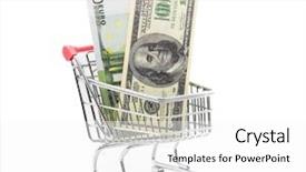  Presentation with shopping trolley - Beautiful PPT theme featuring dollars and euro cash in shopping trolley isolated on white backdrop and a white colored foreground