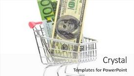  Presentation with shopping trolley - Theme with dollars and euro cash in shopping trolley isolated on white background and a white colored foreground