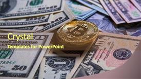  Presentation with bitcoin - Colorful presentation enhanced with dollars close up electronic crypto backdrop and a tawny brown colored foreground