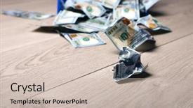  Presentation with garbage - Presentation design consisting of dollars in garbage scoop on wooden floor background background and a soft green colored foreground