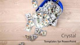  Presentation with garbage - Audience pleasing slide set consisting of dollars in garbage scoop on wooden floor background backdrop and a soft green colored foreground