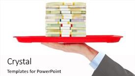  Presentation with stack - Colorful presentation theme enhanced with dollars stack - hand and tray with money backdrop and a white colored foreground