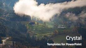  Presentation with village - Slides consisting of dolomite mountainsa surrounded by mis background and a tawny brown colored foreground