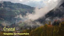  Presentation with cartoon village - Slides featuring dolomite mountainsa surrounded by mis background and a tawny brown colored foreground