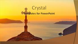  Presentation with orthodox - Slide deck having dome with cross of a greek orthodox church in thira town in santorini island at sundown greece background and a yellow colored foreground