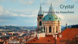  Presentation with czech republic - Beautiful presentation design featuring domes - prague skyline rooftop view backdrop and a light blue colored foreground