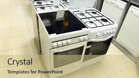  Presentation with machines - Amazing theme having domestic equipment washing machines and gas stoves arranged in the store backdrop and a coral colored foreground