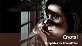  Presentation with domestic violence - Beautiful PPT theme featuring domestic violence - fearful battered woman peeking backdrop and a tawny brown colored foreground