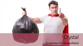  Presentation with garbage - Audience pleasing PPT theme consisting of muncipal waste - superhero man with garbage sack backdrop and a red colored foreground