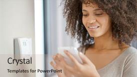  Presentation with temperature - PPT theme enhanced with domotique - woman controlling home temperature background and a coral colored foreground