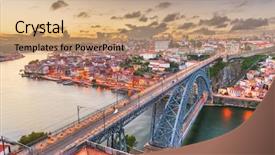  Presentation with cable stayed bridge over river - Colorful theme enhanced with domy - porto portugal skyline over dom backdrop and a coral colored foreground