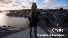  Presentation with standing on scooter - Beautiful presentation theme featuring domy - young woman with blond dreadlocks backdrop and a dark gray colored foreground