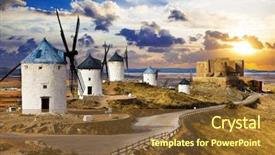  Presentation with windmills - Beautiful presentation theme featuring don quixote cosuegra spain backdrop and a tawny brown colored foreground