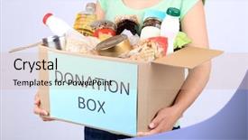  Presentation with volunteer - Colorful presentation design enhanced with donate food - volunteer with donation box backdrop and a coral colored foreground