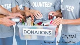  Presentation with friends - PPT theme enhanced with donate food - volunteers friends separating foodstuffs background and a light blue colored foreground