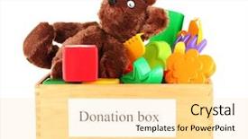  Presentation with donation - Slide set consisting of donation box with children toys background and a blonde colored foreground