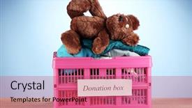  Presentation with donation - Colorful presentation enhanced with donation box with clothing on blue background close-up backdrop and a coral colored foreground