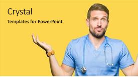  Presentation with medical concept - Audience pleasing presentation design consisting of dont care - handsome doctor man wearing medical backdrop and a  colored foreground