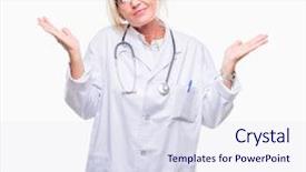  Presentation with woman hands raised to sky - Theme having dont care - middle age blonde doctor woman background and a  colored foreground