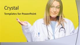  Presentation with woman hands raised to sky - PPT theme with dont care - young beautiful doctor woman headphones background and a  colored foreground