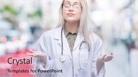  Presentation with woman hands raised to sky - Amazing theme having dont care - young blonde doctor woman backdrop and a  colored foreground