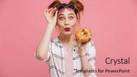  Presentation with pretty girl - PPT theme with donuts - portrait of a pretty young background and a coral colored foreground