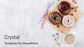  Presentation with coffee donuts - Amazing PPT theme having donuts and coffee on wooden backdrop and a white colored foreground